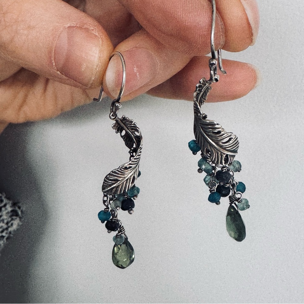 Sterling Silver Feather and Green and Blue Drop Dangle Earrings 4.85 grams - Picture 6 of 7